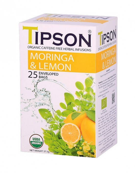 Aromatizovaný bylinný čaj, Tipson Bio Moringa Lemon, porcovaný, 25 sáčků