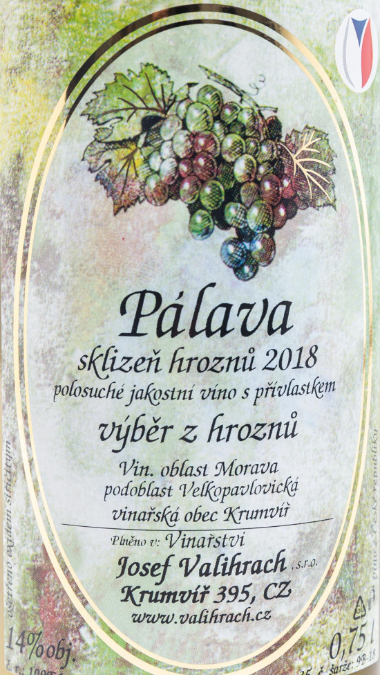 Bílé polosuché víno, Vinařství Josef Valihrach Pálava výběr z hroznů 2018, 14% obj.-8194