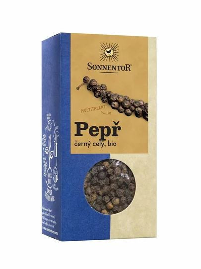 BIO koření, Sonnentor Pepř černý celý, Piper nigrum, krabička, 55 g