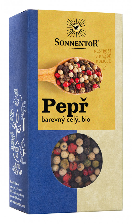 BIO směs koření, Sonnentor Pepř barevný - černý, bílý, růžový a zelený celý, krabička, 50 g