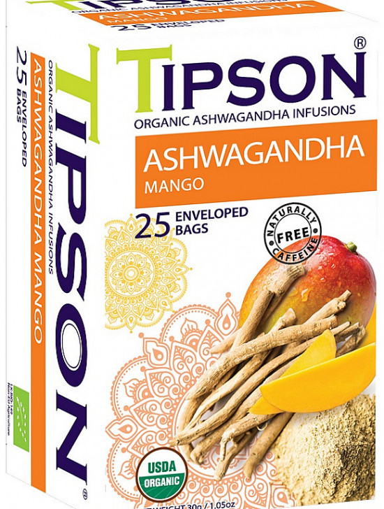 Bylinný čaj, Tipson Bio Ashwagandha Mango, porcovaný, 25 sáčků