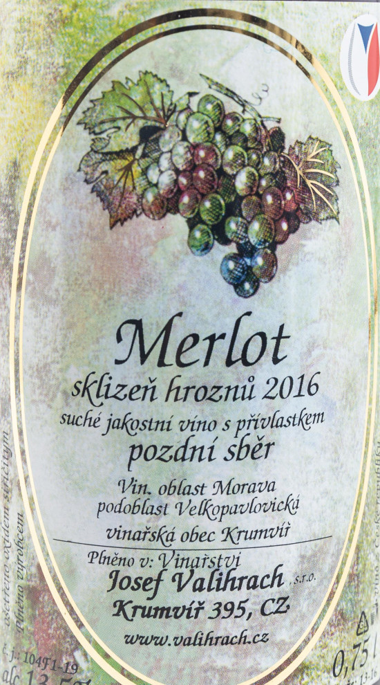 Červené suché víno, Vinařství Josef Valihrach Merlot pozdní sběr 2016, 13.5% obj., 0.75 l-8199