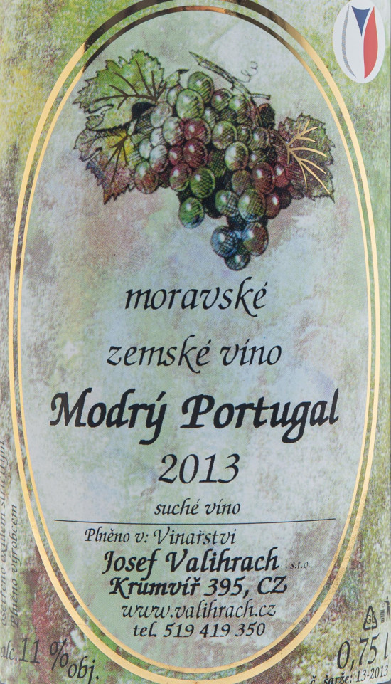 Červené suché víno, Vinařství Josef Valihrach Modrý Portugal 2013 zemské, 11% obj., 0.75 l-8212