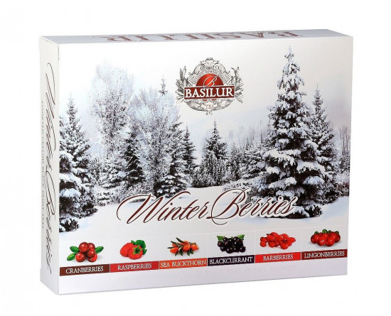 Dárková kolekce čajů, Basilur Winter Berries Assorted, papírová kazeta, porcovaný, 60 sáčků