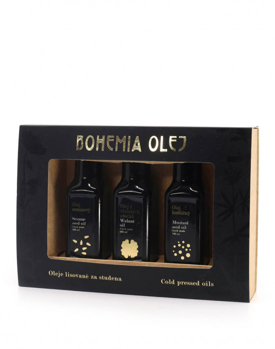 Dárková sada hořčičného, vlašského a sezamového oleje, Bohemia olej, 3 x 100 ml