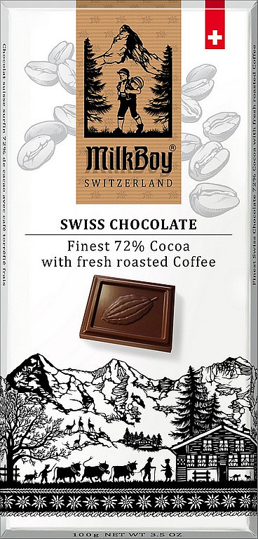 Hořká čokoláda, Milkboy Switzerland Finest 72% Cocoa with fresh roasted Coffee, 100 g