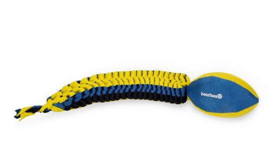 Hračka pro psy, aportovací míč s ocasem, modro - žlutá, 61 cm