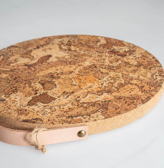 Korková podložka s koženým úchytem, průměr 24.5 cm, hnědo - béžová-22816