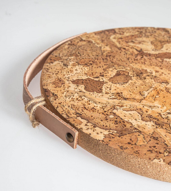 Korková podložka s koženým úchytem, průměr 29.5 cm, hnědo - béžová-22820