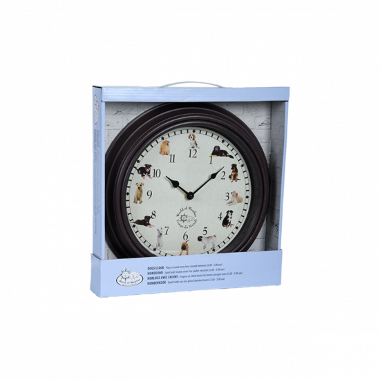 Nástěnné hrací hodiny s motivem psů, Esschert Design, průměr 30 cm, hnědé-13094