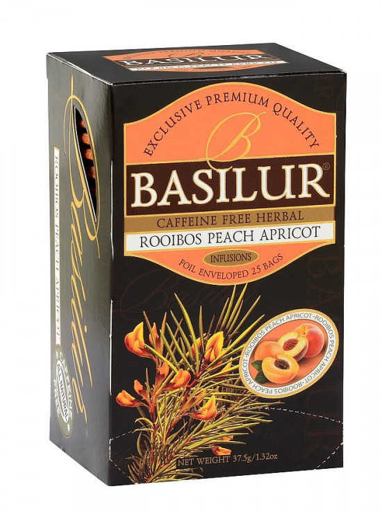 Ochucený bylinný čaj, Basilur Rooibos Peach Apricot, porcovaný s přebalem, 25 sáčků