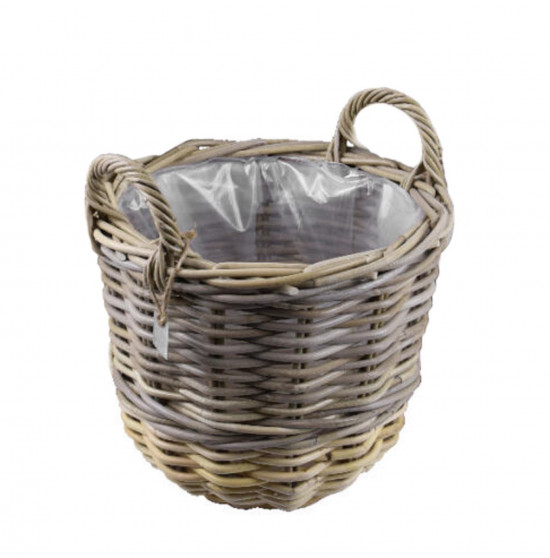 Ratanový obal na květináč s uchy, RATTAN, průměr 40 cm, kulatý, šedo - žlutý