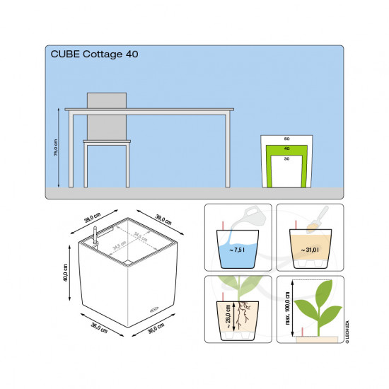 Samozavlažovací květináč Lechuza CUBE Cottage 40, komplet set, žulová šeď-1281