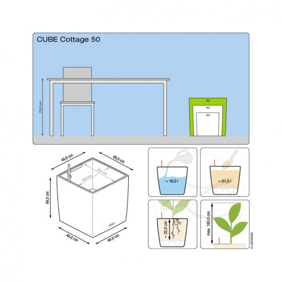 Samozavlažovací květináč Lechuza CUBE Cottage 50, komplet set, bílý-1334