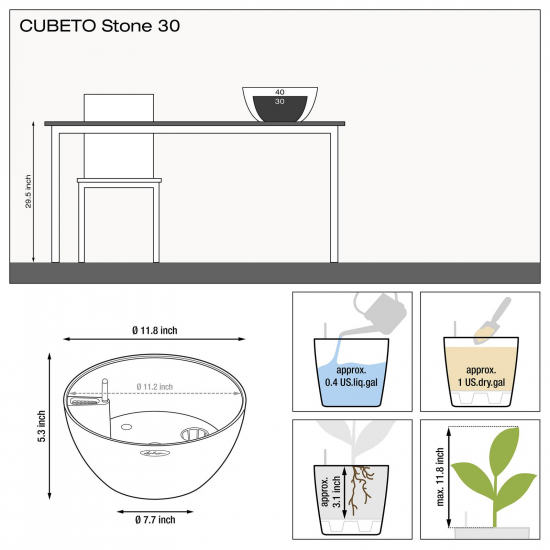 Samozavlažovací květináč Lechuza CUBETO Stone 30, komplet set, šedý-2661