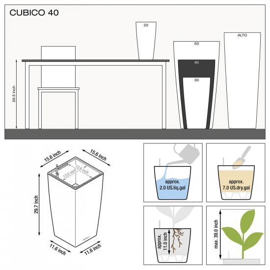 Samozavlažovací květináč Lechuza CUBICO 40, komplet set, bílý-2860