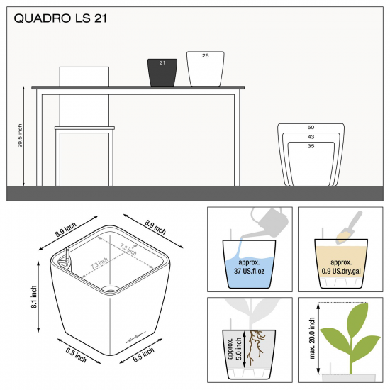 Samozavlažovací květináč Lechuza QUADRO LS 21, komplet set, stříbrný-3003