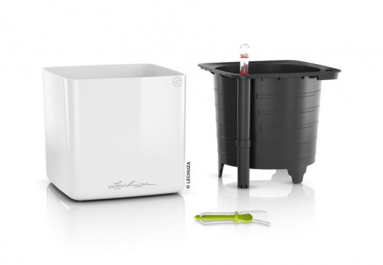 Samozavlažovací stolní květináč Lechuza CUBE Glossy 14, komplet set, bílý-25329