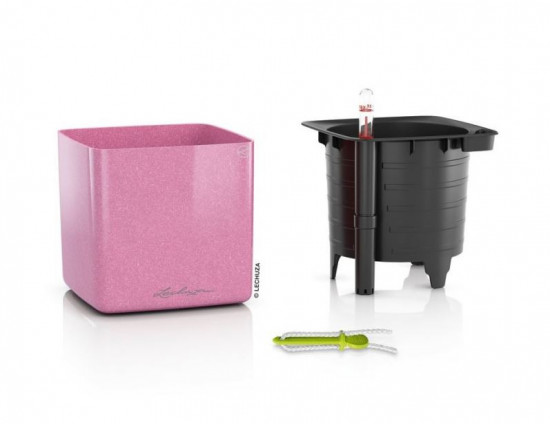 Samozavlažovací stolní květináč Lechuza CUBE Glossy 14, komplet set, růžový-25338