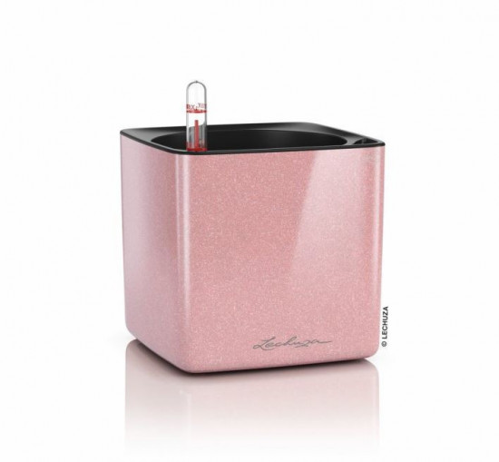 Samozavlažovací stolní květináč Lechuza CUBE Glossy 14, komplet set, světle růžový