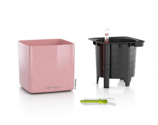 Samozavlažovací stolní květináč Lechuza CUBE Glossy 14, komplet set, světle růžový-25344