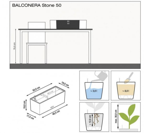 Samozavlažovací truhlík Lechuza BALCONERA Stone 50, komplet set, bílý-25176
