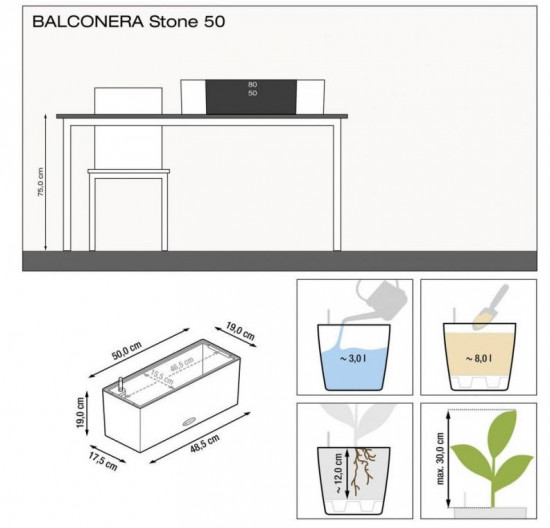 Samozavlažovací truhlík Lechuza BALCONERA Stone 50, komplet set, černý-25173