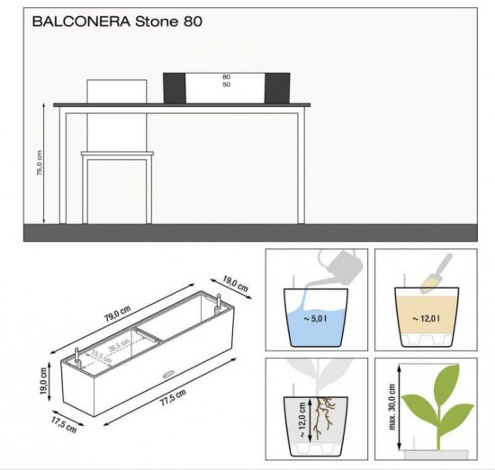 Samozavlažovací truhlík Lechuza BALCONERA Stone 80, komplet set, bílý-25161