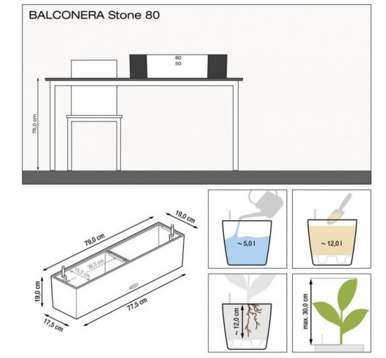 Samozavlažovací truhlík Lechuza BALCONERA Stone 80, komplet set, černý-25158