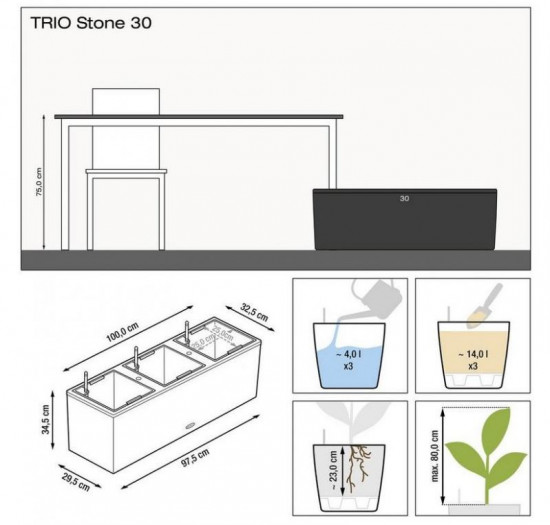 Samozavlažovací truhlík Lechuza TRIO Stone 100, komplet set, černý-25137