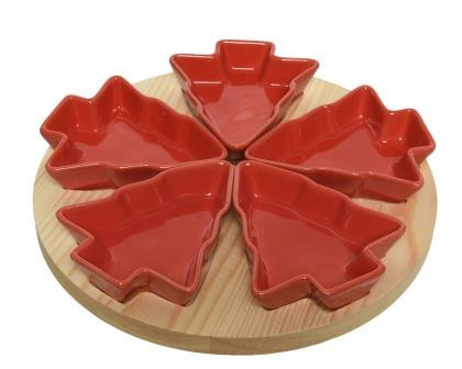 Servírovací prkénko na tapas, 5 misek, průměr 24.5 cm, hnědo - červené