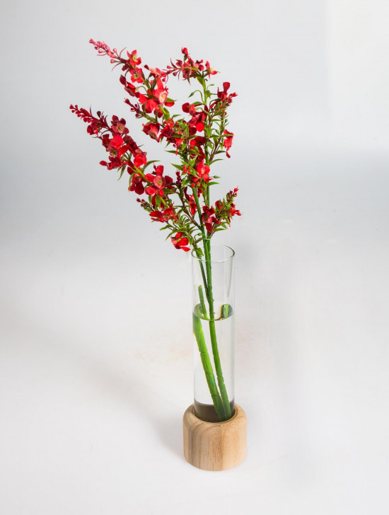 Skleněná váza s LED dřevěným podstavcem JESSE, rozměr 8 x 28 cm, čirá-20488