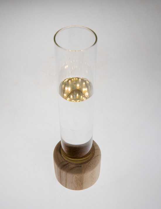 Skleněná váza s LED dřevěným podstavcem JESSE, rozměr 8 x 28 cm, čirá-20490