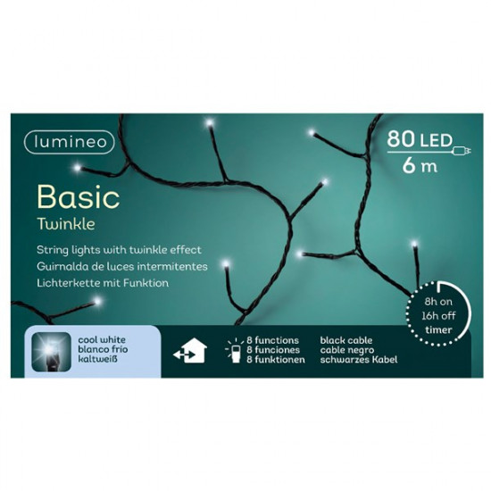 Světelný řetěz Lumineo, venkovní, blikající, 80 LED BASIC, studená bílá, černý kabel, délka 6 m-14197
