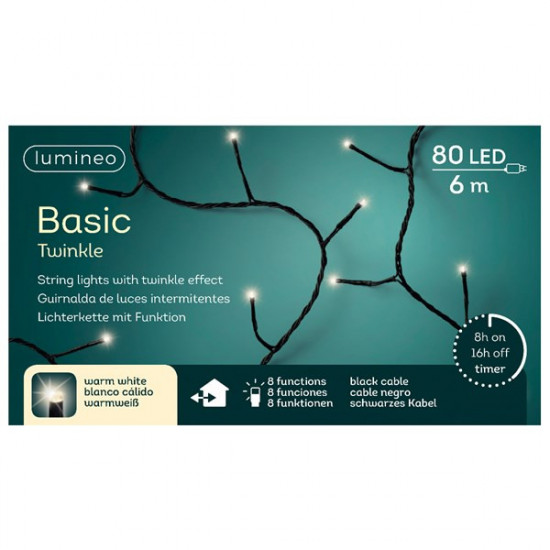 Světelný řetěz Lumineo, venkovní, blikající, 80 LED BASIC, teplá bílá, černý kabel, délka 6 m-14198