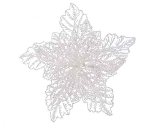 Umělá vánoční hvězda - poinsetta, na klipu, s glitry, průměr 23 cm, bílá