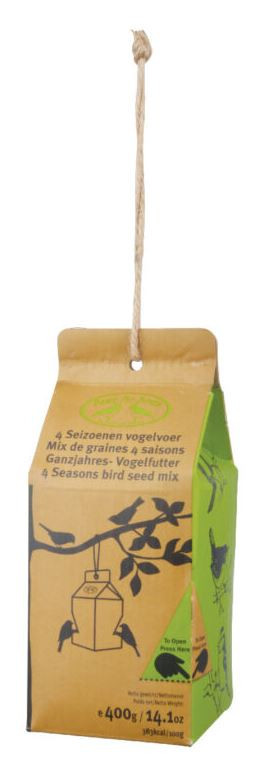 Závěsné krmítko pro ptáky, Esschert Design Tetrapack s náplní, 400 g