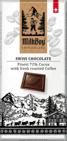 Hořká čokoláda, Milkboy Switzerland Finest 72% Cocoa with fresh roasted Coffee, 100 g