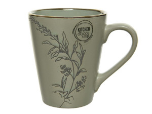 Hrnek KITCHEN GOODS, kamenina, dekor květy, 8.5x6x10cm, šedo-zelená