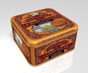 Karamelové sušenky, La Mére Poulard Sablés Caramel, plechová krabička, 250 g