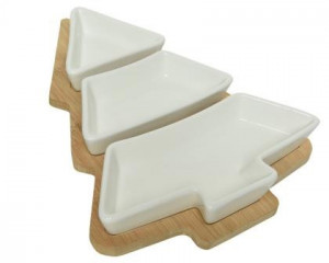 Servírovací prkénko na tapas stromeček, 3 misky, rozměr 27.5 x 20.5 x 4 cm, hnědo - bílé