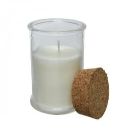 Sójová svíčka ve sklenici s korkovým víčkem, hoření až 12 hod, bílá