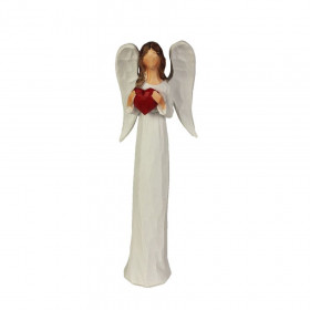 Stojící anděl držící červené srdce, polyresin, výška 14 cm, bílý