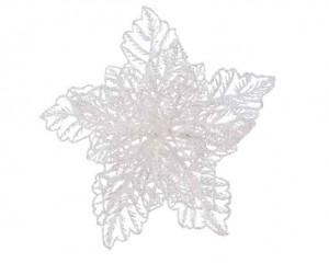 Umělá vánoční hvězda - poinsetta, na klipu, s glitry, průměr 23 cm, bílá